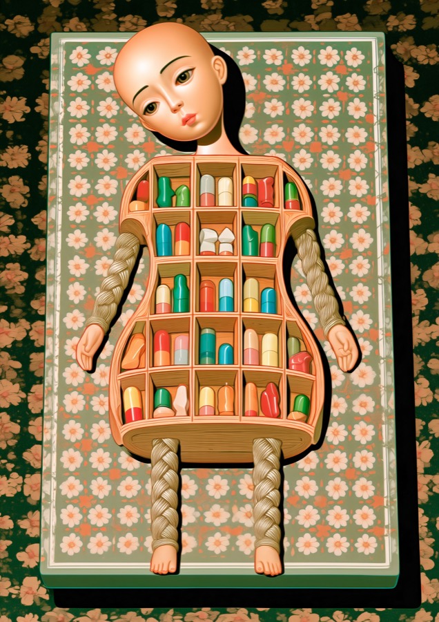 A reclining figure whose torso is a cabinet filled with colorful pills